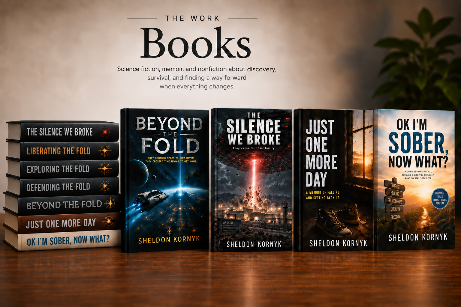 Books by Sheldon Kornyk, including The Silence We Broke, the Beyond the Fold series, Just One More Day, and OK I'm Sober, Now What?