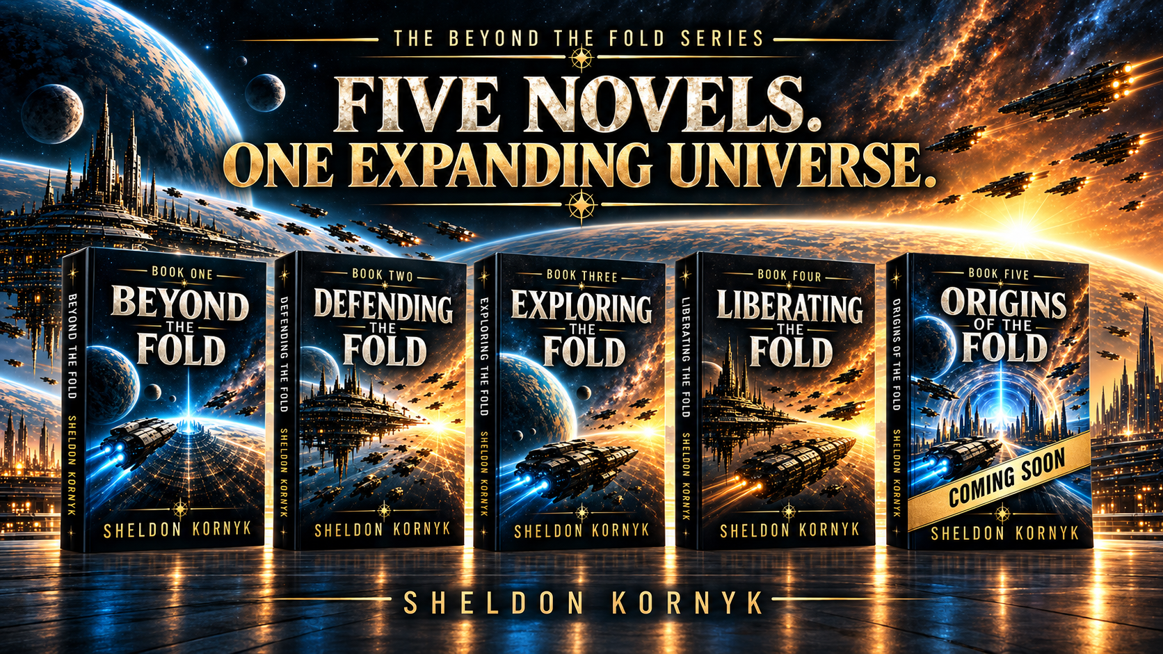 Beyond the Fold series image showing five novels, with Origins of the Fold coming soon