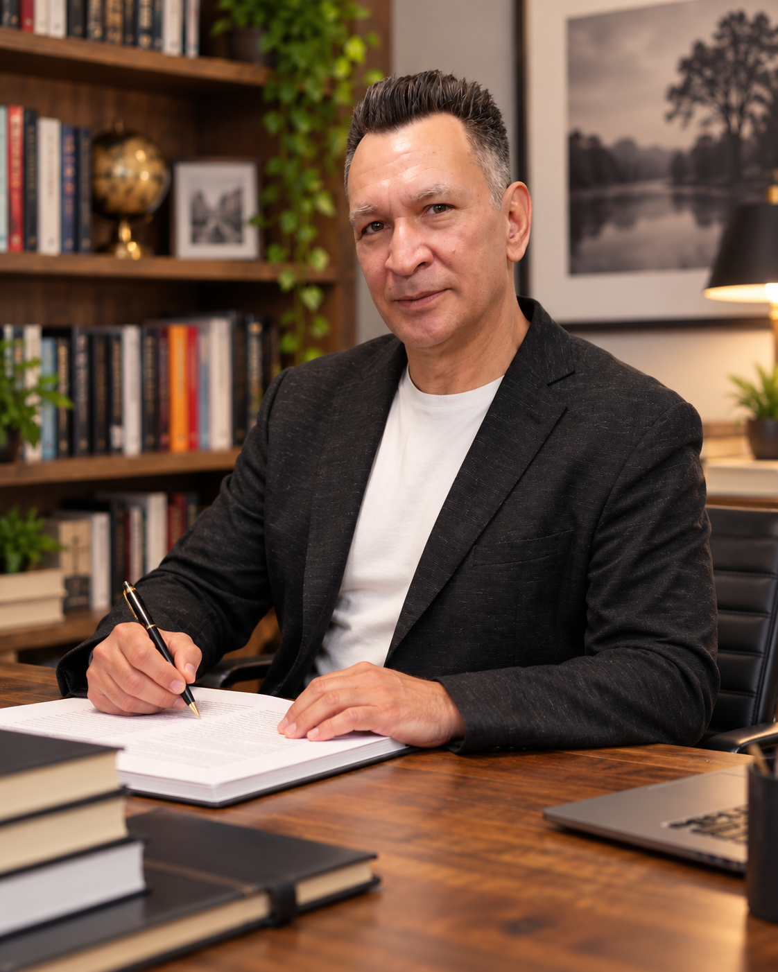 Canadian author Sheldon Kornyk writing at his desk