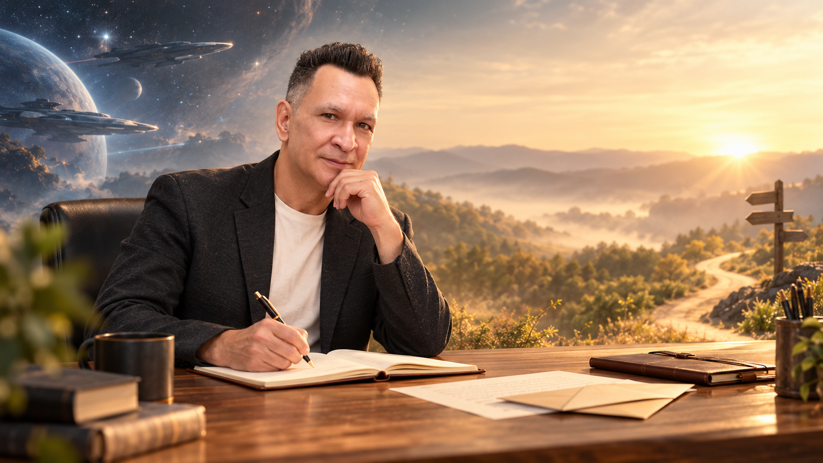Sheldon Kornyk writing at a desk between a science-fiction world and a sunrise path symbolizing recovery and growth