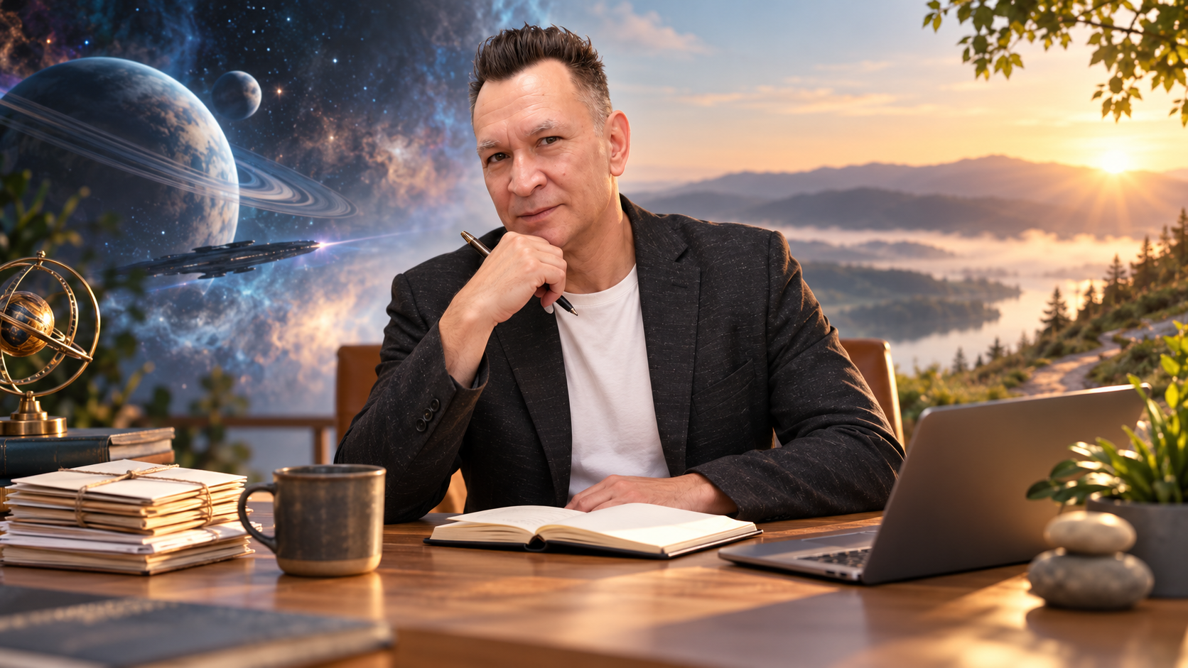 Sheldon Kornyk at his writing desk with a notebook, laptop and correspondence, framed by science-fiction and recovery imagery