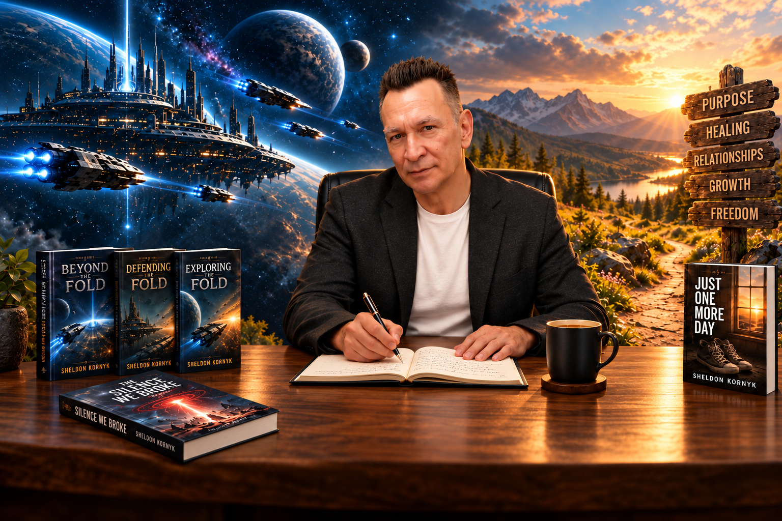 Sheldon Kornyk writing between science fiction and recovery-themed worlds